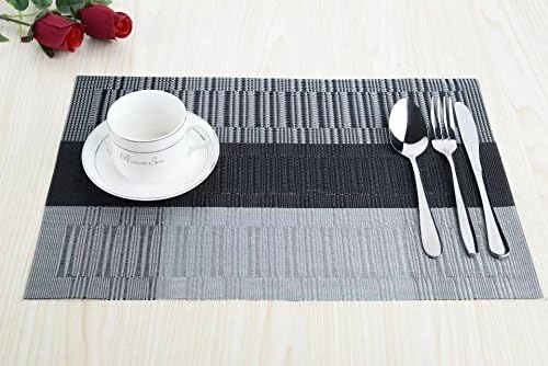 SHACOS Woven Vinyl Placemats for Dining Table Set of 6 Non Slip PVC Bamboo Basket Weave Table Place Mats (6, Ombre Black Gray)