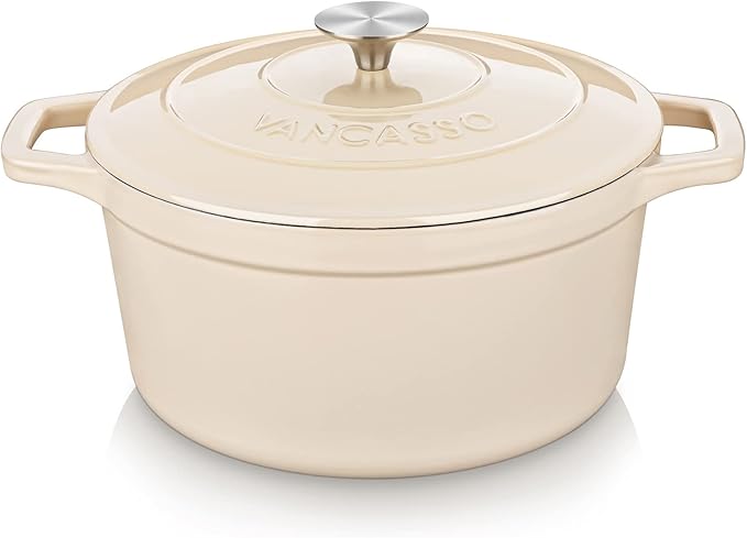 vancasso Cast Iron Dutch Oven, 6 QT Round Pot with Lid and Dual Handles, Non Stick Enamel Coating for Bread Baking, White