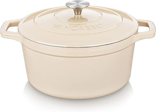 vancasso Cast Iron Dutch Oven, 6 QT Round Pot with Lid and Dual Handles, Non Stick Enamel Coating for Bread Baking, White