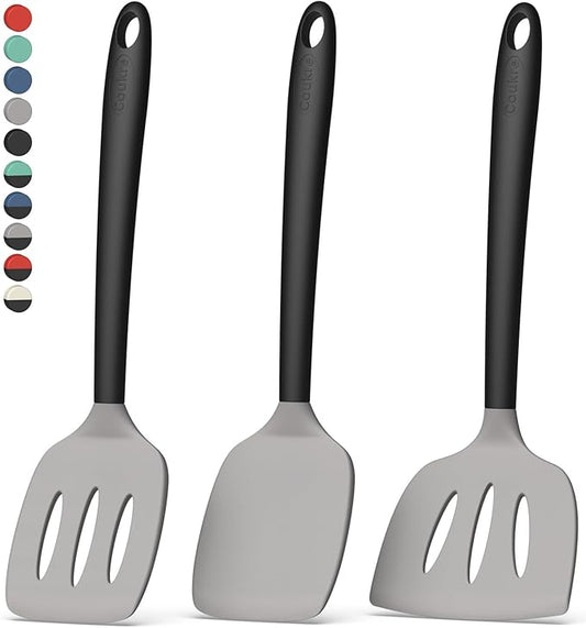 Coukre 3 Pack Silicone Spatula Set, High Heat Resistant, BPA-Free, Fish Spatula, Solid & Slotted Turner for Non-Stick Pans, Flipping Eggs, Pancakes, Fish, Burgers (3, GrayBlack)