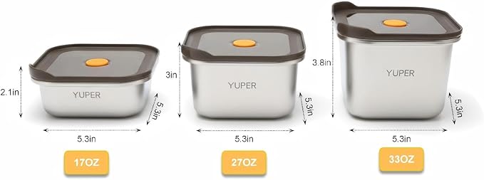 YUPER Stainless Steel Food Containers, Meal Prep Container, Bacon Cheese Sandwich Container for Refrigerator, Stainless Steel Containers with Airtight Lids, 3 Pack (17+27+33OZ)