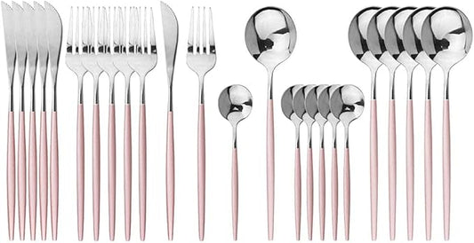 JASHII Flatware Serving Set 24 Piece, Stainless Steel Silverware Set, Pink Silver Cutlery Set, Modern Elegant Tableware Set for Party, Christmas, Dinner (Pink Silver)