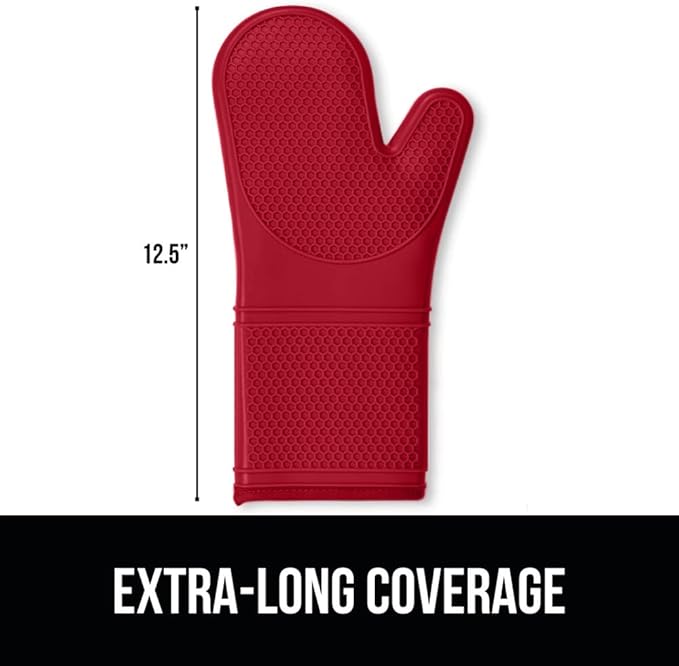 GORILLA GRIP BPA-Free Soft Silicone Oven Mitts, Heat Resistant and Waterproof Cooking Gloves, Thick Cotton Lining, Flexible Gripping for Baking Grilling, Kitchen Potholders Set of 2, 12.5x8.3, Red