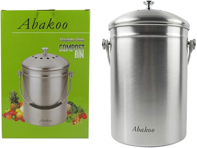 Abakoo 1.6 Gallon Compost Bin Indoor Countertop Kitchen Composter 304 Stainless Steel Waste Pail Kitchen Bin Pail - Includes 4 Filters