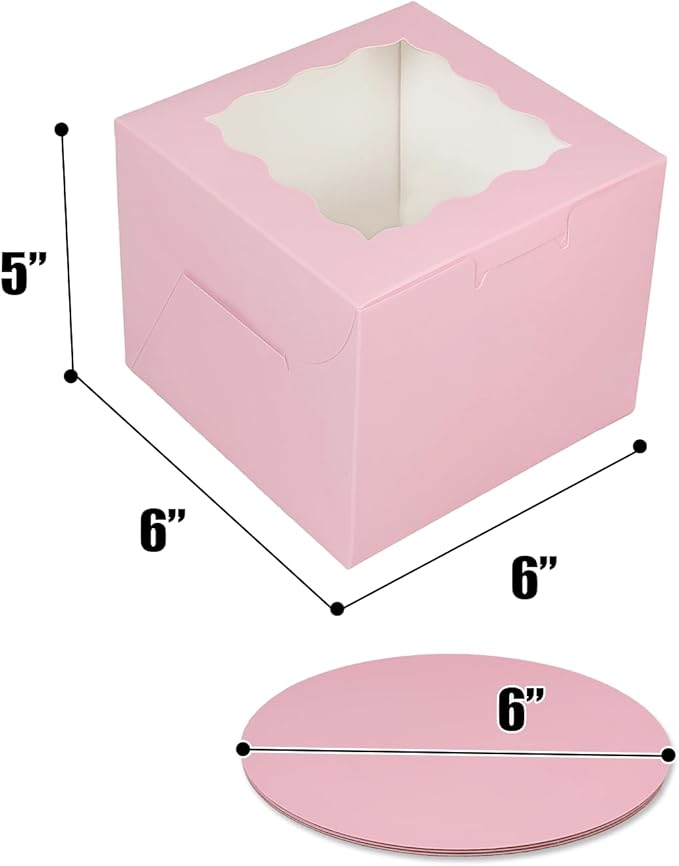 Bakepacker 36pcs 6x6x5 Inches Cake Boxes With Window - 18-Pack Pink Bakery Boxes With 18 Cake Boards Included