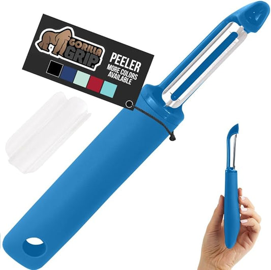 GORILLA GRIP Patented BPA-Free Sharp Stainless Steel Dual Swivel Vegetable Peeler, Soft Comfortable Handle, Smoothly Peel Apples, Potatoes, Carrots, Includes Blade Cover, Kitchen Tool Peelers, Blue
