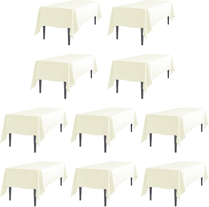 LTC LINENS 10 Pack Ivory Rectangular Tablecloths 70 x 120 Inch for 6 or 8 Feet Rectangle Banquet Tables with Half-Drop - Stain and Wrinkle Resistant Polyester Cloth Table Covers for Party, Wedding