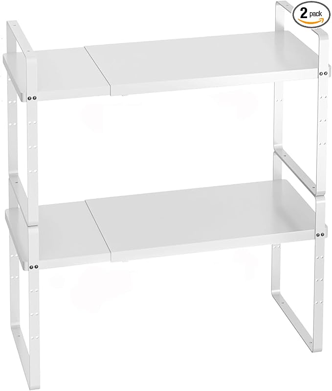 Redrubbit 2 Pack Expandable Cabinet Shelf Organizers, Stackable Kitchen Counter Shelves Spice Rack for Kitchen Bathroom Pantry Cupboard Desk Home Office, White-Large