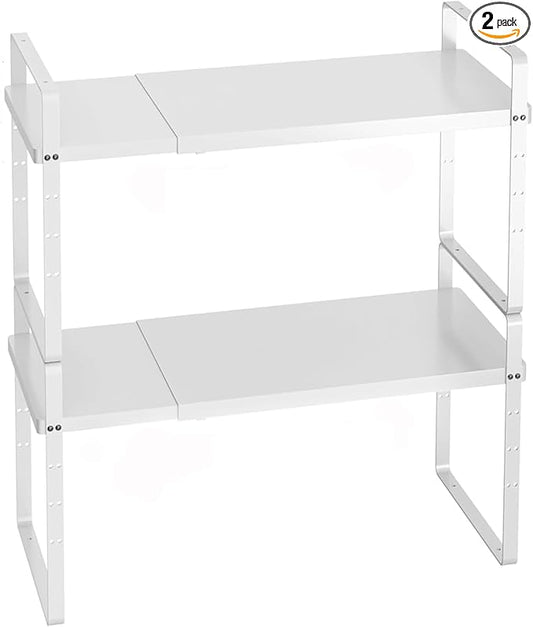 Redrubbit 2 Pack Expandable Cabinet Shelf Organizers, Stackable Kitchen Counter Shelves Spice Rack for Kitchen Bathroom Pantry Cupboard Desk Home Office, White-Large