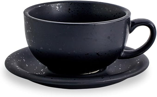 Vintage Design 12 oz Ceramic Latte Art Cappuccino Barista Cup with Saucer (Facular Black)