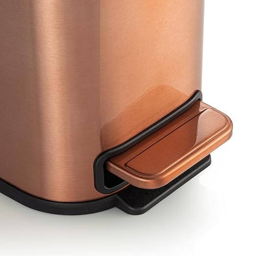 RED FACTOR Slim Small 1.3 Gallon Stainless Steel Pedal Trash Can with Soft Close Lid for Narrow Spaces – Wastebasket Bin with Removable Inner Bucket for Bathroom, Kitchen, Bedroom, or Office (Copper)