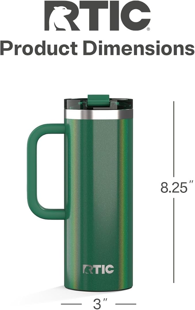 RTIC 20oz Road Trip Travel Mug with Lid and Handle, Ceramic Lined, Insulated, Stainless Steel, Metal, Double Wall Vacuum-Insulation, Portable Coffee, Tea Cup for Hot and Cold Drink, Pine Tree Glitter