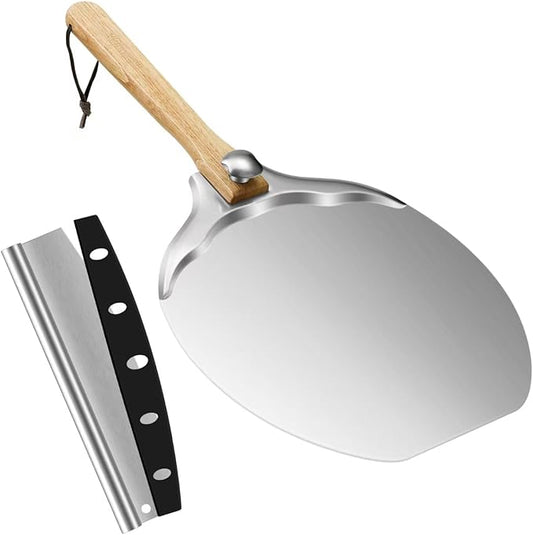 aluminum pizza peel 12x14 Inch Pizza Peel with Rocker Cutter & Foldable Wood Handle, Aluminum Pizza Paddle Spatula - Includes for Baking Pizza, Dough, Bread & Pastry in Family Pizza Ovens
