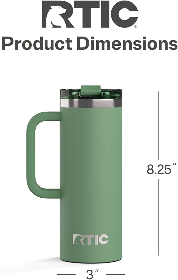 RTIC 20oz Road Trip Travel Mug with Lid and Handle, Ceramic Lined, Insulated, Stainless Steel, Metal, Double Wall Vacuum-Insulation, Portable Coffee, Tea Cup for Hot and Cold Drink, Sage