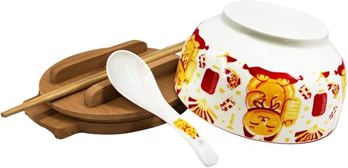 XWORLD Japanese Ceramic Ramen Noodle Bowls Set with Ceramic Spoon, Bamboo Chopsticks, Lid & Trivet, Serving Capacity of 33.8 OZ, Microwavable Oven Safety (3.3” x 6.6” D) (Lucky Cat)