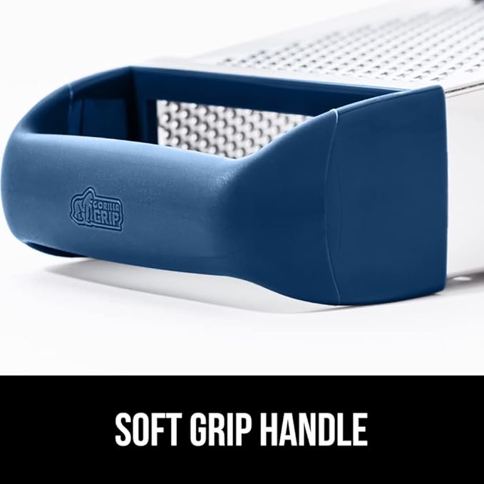GORILLA GRIP 4-Sided 100% BPA-Free Cheese Grater With Container, Stainless Steel XL Box Graters, Parmesan Shredder, Grate Cheeses, Shred Veggies, Slip Resistant Handle, Dishwasher Safe Zester, Blue