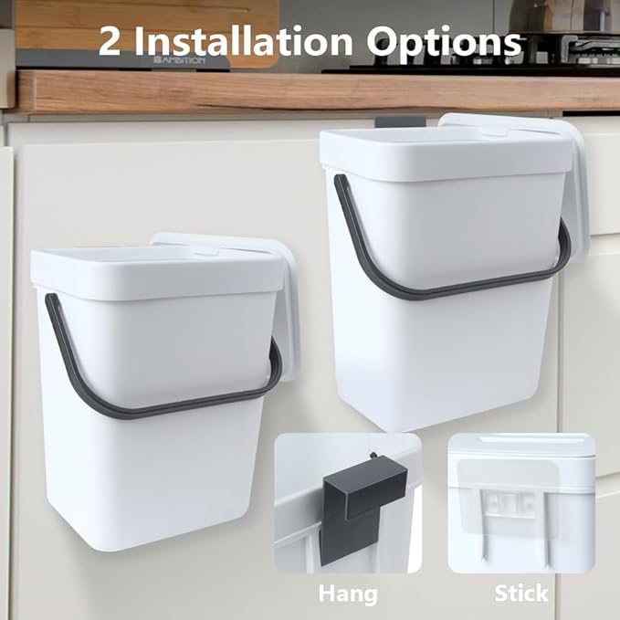 Hanging Small Trash Can with Lid Under Sink for Kitchen, 5 L/ 1.3 Gallons Plastic Waste Basket,Food Waste Bin,Kitchen Compost Bin for Counter Top,Bathroom/Office (White)
