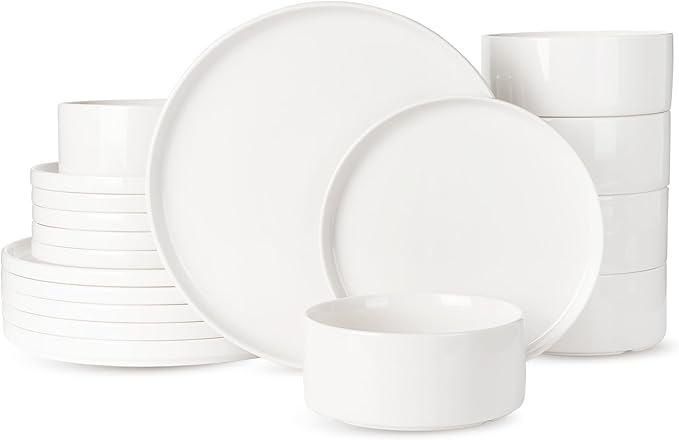Famiware Porcelain Dinnerware Set, 18-Piece Modern Plate and Bowl Set, dish set for 6, Microwave and Dishwasher Safe Tableware, White