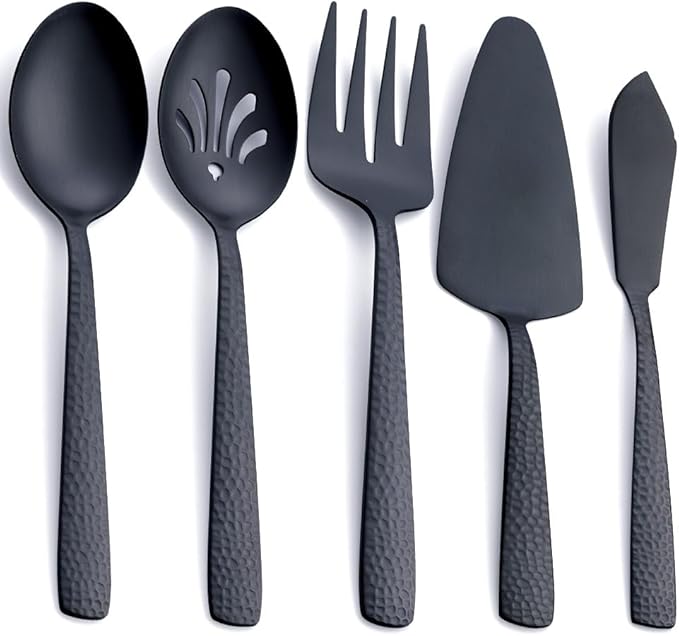Stainless Steel Large Serving Set, Matte Black - 5-Piece Set Includes Spoon, Slotted Spoon, Fork, Pie Server and Butter Knife