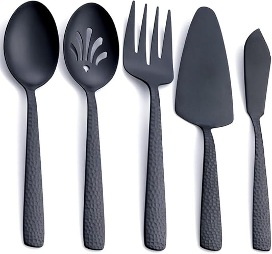 Stainless Steel Large Serving Set, Matte Black - 5-Piece Set Includes Spoon, Slotted Spoon, Fork, Pie Server and Butter Knife
