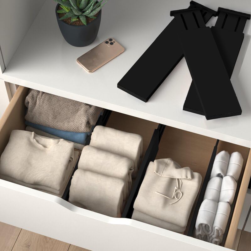 6 Pack Drawer Dividers 4 Inch High, 11”-17" Adjustable Bamboo Organizers Large Expandable Drawer Separators for Cloths, Dresser, Bedroom, Bathroom, Baby Drawer, Office & Kitchen Utensils (Black)