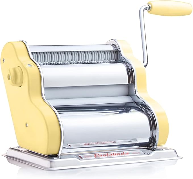 PASTALINDAClassic 200 Pasta Maker Machine, 20 cm Wide Rollers, 9 Thickness Positions, 2 Cutting Positions, Stainless Steel. Includes Reinforced Hand Crank And Two Clamps (Yellow)