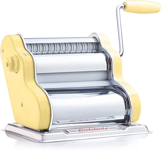 PASTALINDAClassic 200 Pasta Maker Machine, 20 cm Wide Rollers, 9 Thickness Positions, 2 Cutting Positions, Stainless Steel. Includes Reinforced Hand Crank And Two Clamps (Yellow)