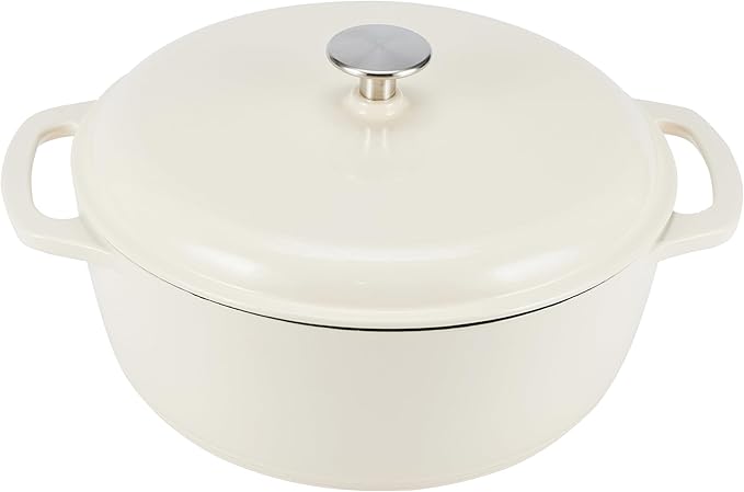 Amazon Basics Cast Iron Dutch Oven Pot with Lid, Enameled, Round, Dual Handles, Heavy-Duty, Large, 7.3-Quart, White