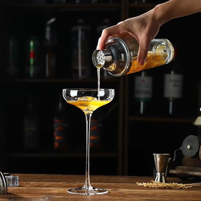 Crystal Cocktail Coupe Glasses, Long Stem, Hand Blown, 8 oz, Set of 4, Clear