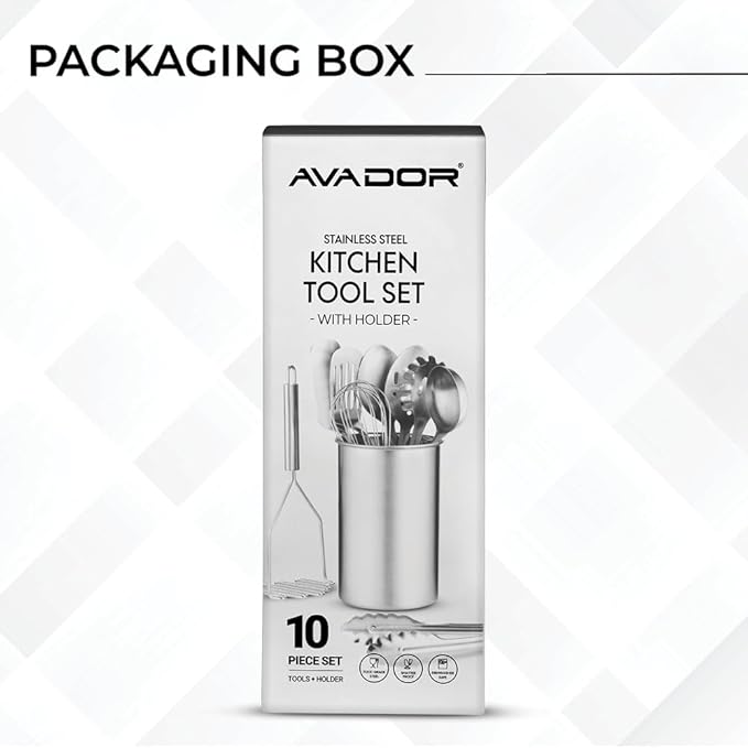 Avador® Premium Set of 10 Stainless Steel Kitchen Tool Set with Holder Easy To Clean, Space Saving, Great for Cooking, Baking, Prepping