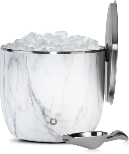 SNOWFOX XL Premium Vacuum Insulated Double Wall Stainless Steel Ice Bucket with Lid/Scoop, Bar Accessories, Large Elegant Party Bucket, Chills Several Bottles,Beautiful Entertaining Supplies,7L,Marble