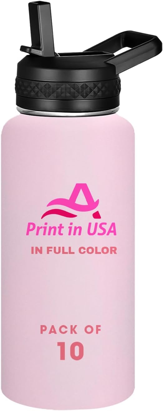 Personalized Custom Print in USA Water Bottle 10Pcs 32oz Stainless Steel Double Wall Coffee Cup with Lid & Straw Insulated Tumbler with Colorful Text Logo Photo