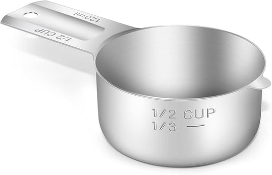 1PCS 1/2Cup (120ml, 4oz) Single Measuring Cup, Stainless Steel Measure Scoop, Metric and US Measurement, Dishwasher Safe