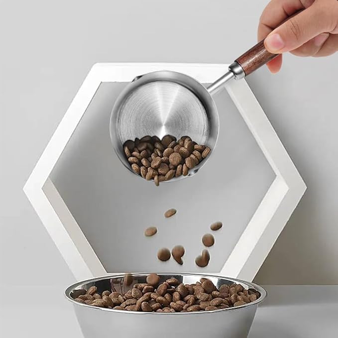 Kichwit Dog Food Scoop, 1 Cup and 1/2 Cup, 304 Stainless Steel Pet Food Scoop Measuring Cup with Wooden Handle, Set of 2