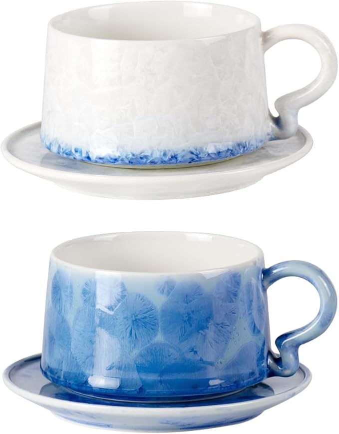 KAMMAK Tea Cups and Saucers set of 2, Porcelain Coffee Cups, 7.5oz Crystalline Glaze Espresso Mugs, Ceramic Demitasse for Coffee, Cappuccino, Latte, Americano, Tea (Dark Blue and White Blue)
