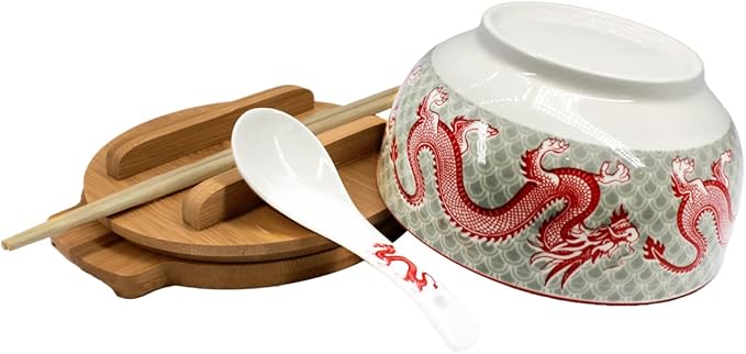 XWORLD Japanese Ceramic Ramen Noodle Bowls Set with Ceramic Spoon, Bamboo Chopsticks, Lid & Trivet, Serving Capacity of 33.8 OZ, Microwavable Oven Safety (3.3” x 6.6” D) (Red Dragon)