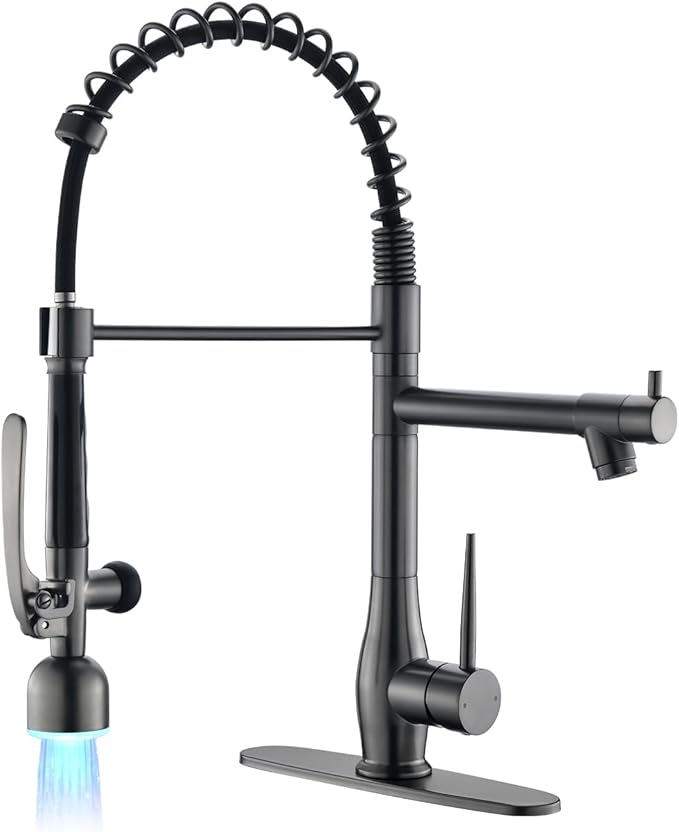 GIMILI Black Stainless Kitchen Faucet with LED Single Handle Kitchen Sink Faucet with Pull Down Sprayer Commercial Double-Headed Stainless Steel Kitchen Faucets Sink with Deck Plate