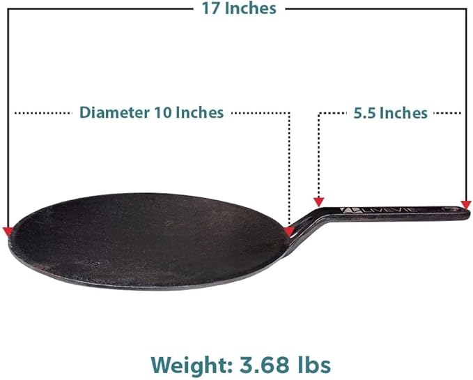 Concave Cast Iron Skillet Tawa – 10-Inch Pre-Seasoned Griddle Pan with 5.5-Inch Handle for Pancakes, Quesadillas, Grilled Sandwiches & More