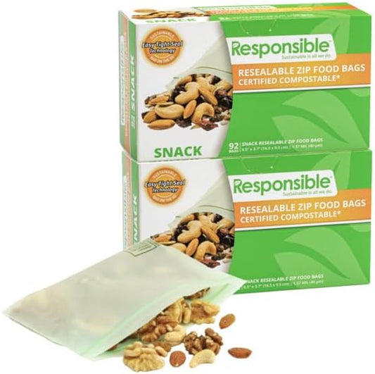 Certified Compostable SNACK Resealable Zip Bag, Extra Strength Food Bags, Plant-Based Freezer-Safe (184 Pack)