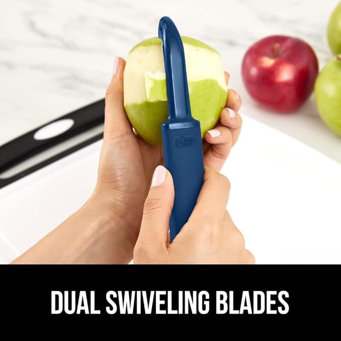 GORILLA GRIP Patented BPA-Free Sharp Stainless Steel Dual Swivel Vegetable Peeler, Soft Comfortable Handle, Smoothly Peel Apples, Potatoes, Carrots, Includes Blade Cover, Kitchen Tool Peelers, Blue
