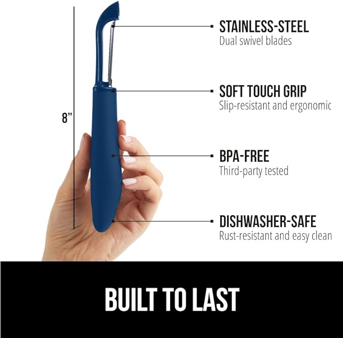 GORILLA GRIP Patented BPA-Free Sharp Stainless Steel Dual Swivel Vegetable Peeler, Soft Comfortable Handle, Smoothly Peel Apples, Potatoes, Carrots, Includes Blade Cover, Kitchen Tool Peelers, Blue