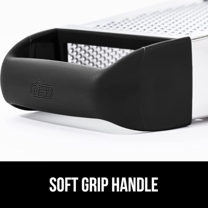 GORILLA GRIP XL 4-Sided Cheese Grater With Container, 100% BPA-Free Stainless Steel Box Graters, Parmesan Shredder, Grate Cheeses, Shred Veggies, Slip Resistant Handle, Dishwasher Safe Zester, Black