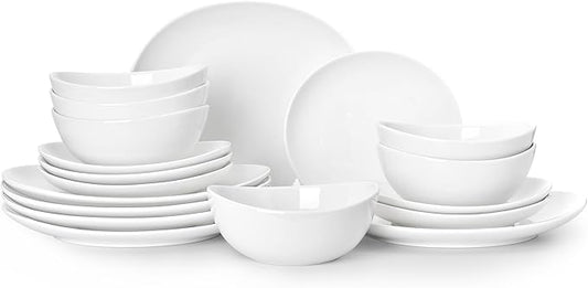 Sweese 18-Piece Dinnerware Sets for 6, Porcelain Plates and Bowls Set, Scratch Resistant Dishes, Microwave and Oven Safe Dishware, Snow White
