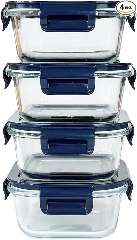 Small Square Glass Food Storage Containers With Lids，2 Cup Square Glass Containers, 16 oz Small Food Containers, Leak-proof lunch Bowls, Dishwasher Microwave Freezer Safe -(Dark Blue)
