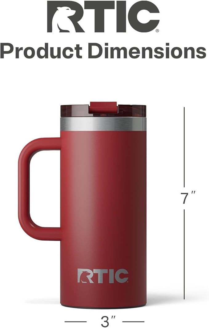 RTIC 16oz Road Trip Travel Mug with Lid and Handle, Insulated, Stainless Steel, Metal, Double Wall Vacuum-Insulation, Ceramic Lined, Portable Coffee, Tea Cup for Hot and Cold Drink, Black Cherry