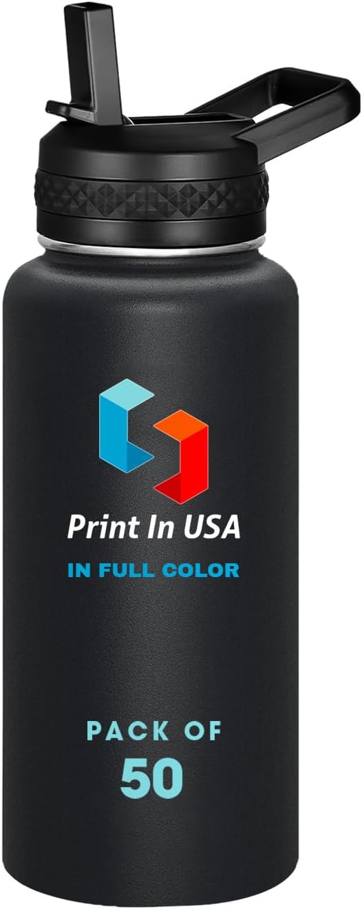 Personalized Custom Print in USA Water Bottle 50Pcs 32oz Stainless Steel Double Wall Coffee Cup with Lid & Straw Insulated Tumbler with Colorful Text Logo Photo