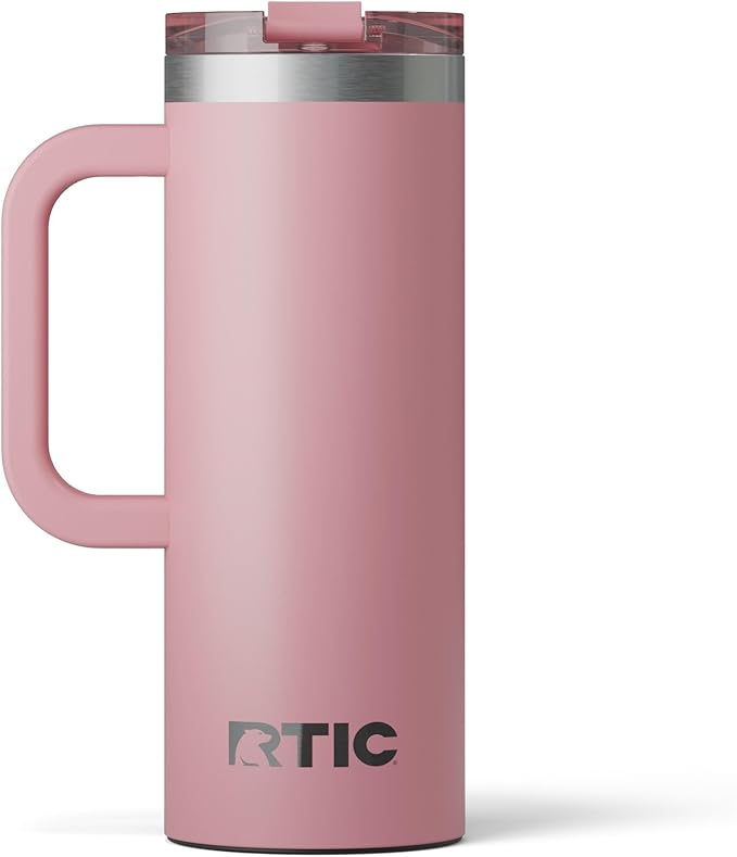 RTIC 20oz Road Trip Travel Mug with Lid and Handle, Ceramic Lined, Insulated, Stainless Steel, Metal, Double Wall Vacuum-Insulation, Portable Coffee, Tea Cup for Hot and Cold Drink, Dusty Rose