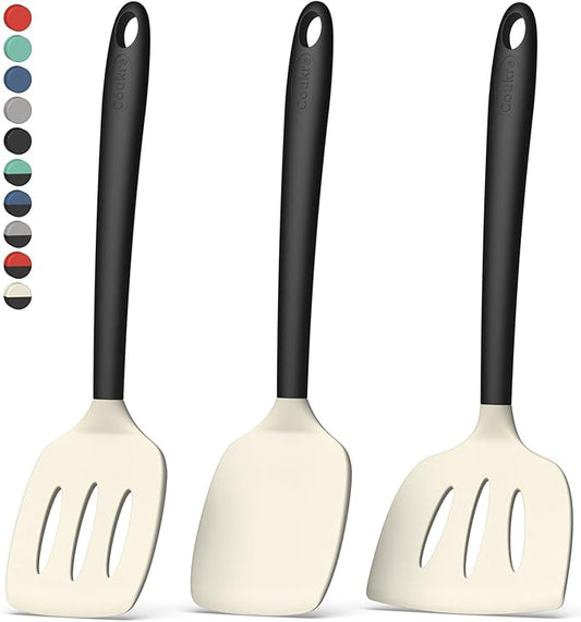 Coukre 3 Pack Silicone Spatula Set, High Heat Resistant, BPA-Free, Fish Spatula, Solid & Slotted Turner for Non-Stick Pans, Flipping Eggs, Pancakes, Fish, Burgers (3, BeigeBlack)