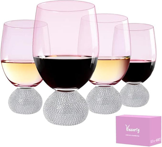 Wine Glasses Set of 4,Stemless Wine Glass,Unbreakable Crystal Fancy Glasses,15 Oz Short Handle Red/White Glasses,Unique Wine Gifts for Women,for Home Bar, Party, Birthday (Pink)