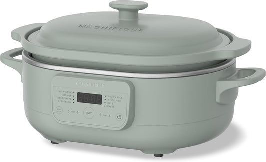 4 Quart Programmable Slow Cooker with Flexible Easy Programming, 8-in-1 Multi-Cooker with Dishwasher Safe Lid & Removable Crock Pot & Wooden Spoon, Nonstick, Oven Safe Pot to 500°F, Olive